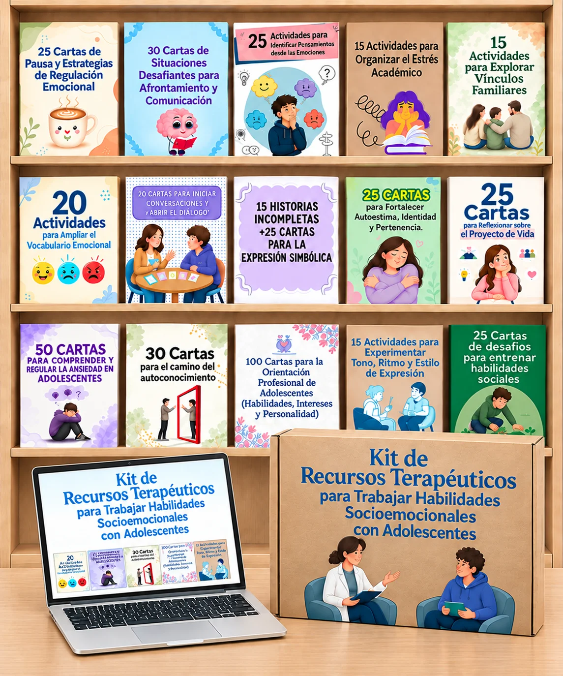 Kit de recursos terapéuticos: cuadernillos de actividades, hojas imprimibles y cartas de regulación emocional para adolescentes